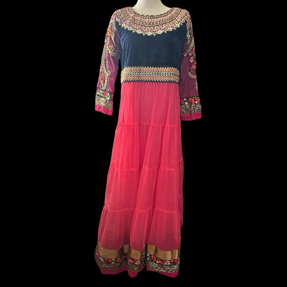 Dresses & Skirts - Raspberry Long Anarkali Dress with Floral Aari Embroidery and Velvet Bustier